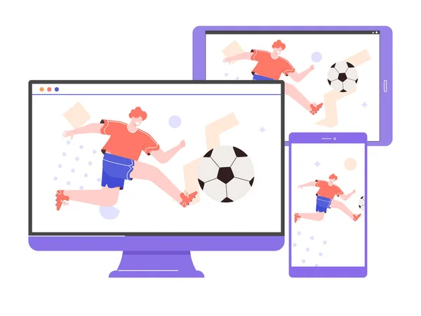 Emisión online de fútbol. Ver deportes en diferentes dispositivos — Vector de stock