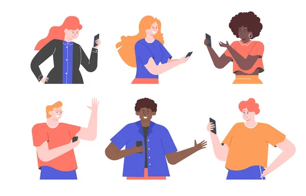Σύνολο χαρακτήρων με smartphones στα χέρια τους. — Διανυσματικό Αρχείο