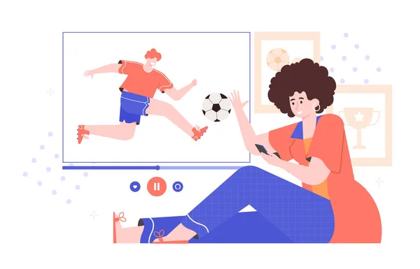 女孩，体育迷，用智能手机看足球. — 图库矢量图片