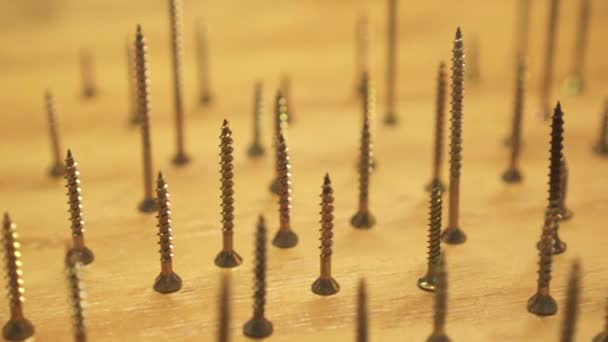 Concept of odd one out, numerous bronze screws circle single large silver bolt — Stock Video