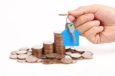 Bir el ve Model ev iş büyüyen para sikke yığını