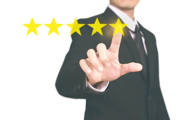 Hand touching five star symbol to increase rating — Stock Photo, Image