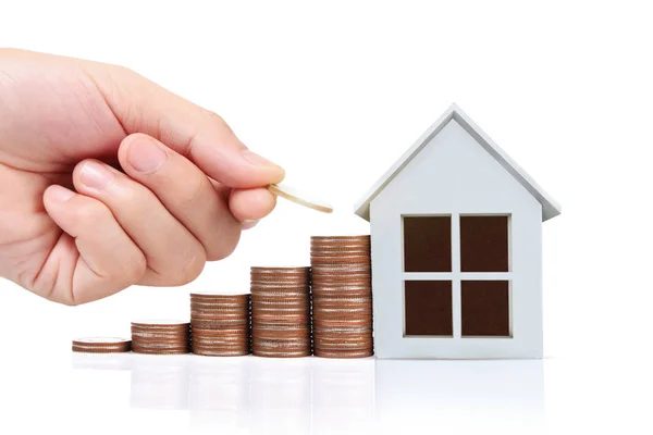 Hand choosing row of coin  house Planning to buy property — Stock Photo, Image