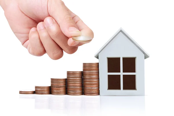 Hand choosing row of coin  house Planning to buy property — Stock Photo, Image