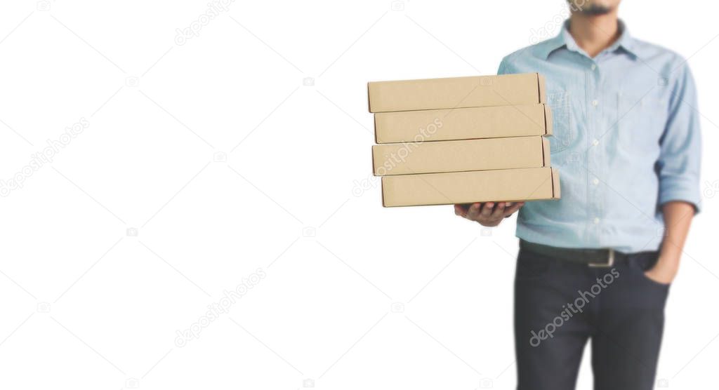 Delivery man or passenger holding a cardboard box ready 