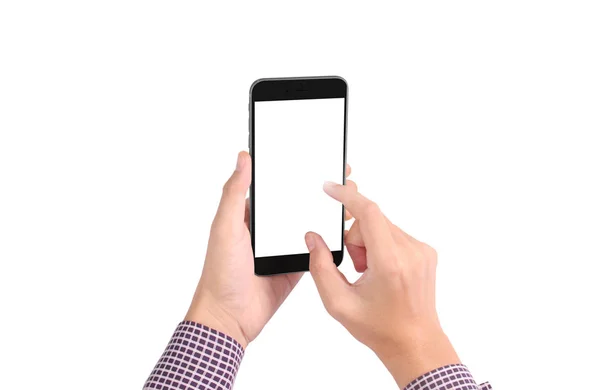 Člověk Ruku Smartphone Zařízení Dotknete Obrazovky — Stock fotografie