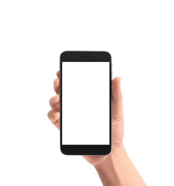 Mão segurando dispositivo smartphone — Fotografia de Stock