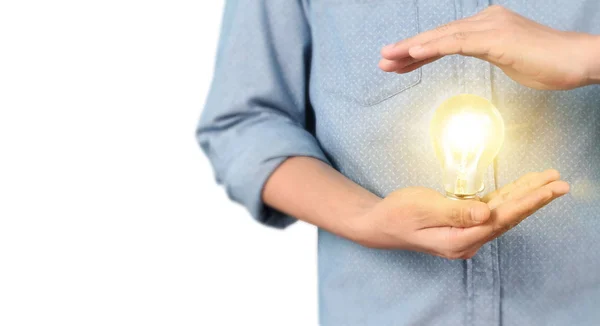 Hand holding illuminated light bulb, idea, innovation — Stock Photo, Image