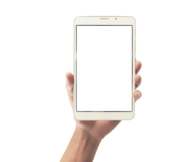 Tableti tutan eller izole ekran ile bilgisayar aygıtına dokunur