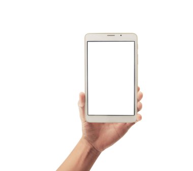 Tableti tutan eller izole ekran ile bilgisayar aygıtına dokunur