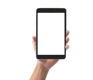 Tableti tutan eller izole ekran ile bilgisayar aygıtına dokunur