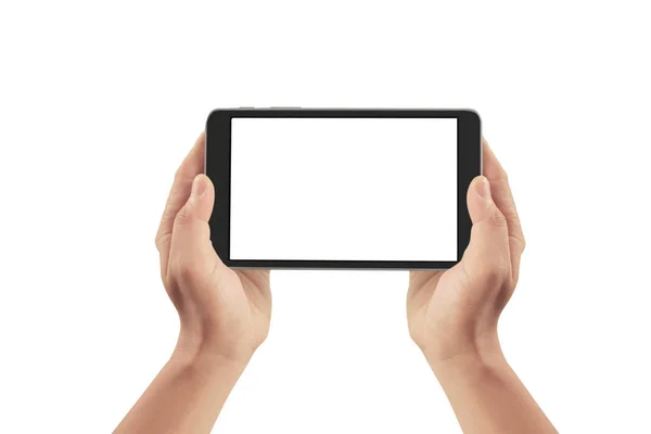 Hands κρατώντας tablet αφής gadget υπολογιστή με απομονωμένη οθόνη — Φωτογραφία Αρχείου