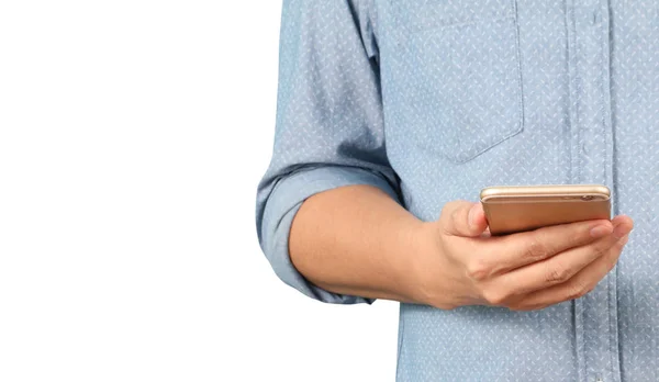Ręczne trzymanie smartfona, dotknięcie ekranu urządzenia — Zdjęcie stockowe