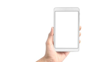 Bir tablet tutan eller izole edilmiş bilgisayar aygıtlarına dokunur 