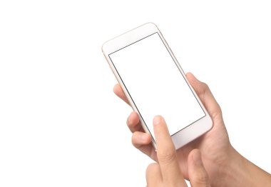 Akıllı telefon cihazını tutan adam ekrana dokunuyor