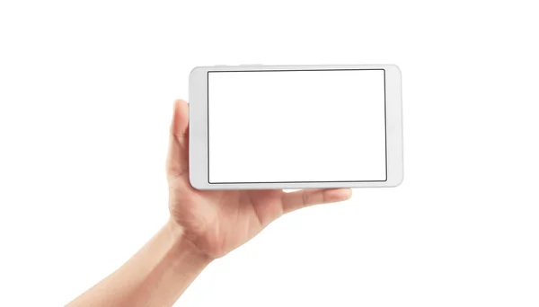 Χέρια κρατώντας ένα tablet αφής υπολογιστή gadget με απομονωμένη — Φωτογραφία Αρχείου