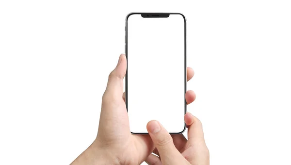 Hombre de la mano dispositivo de teléfono inteligente táctil pantalla — Foto de Stock