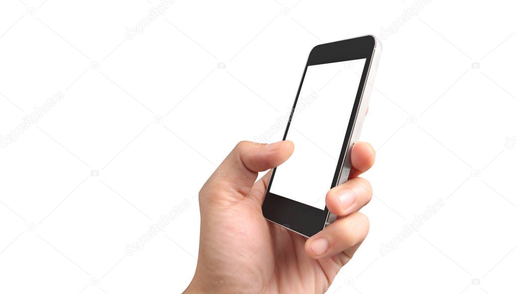 Man hand holding smartphone device touching screen