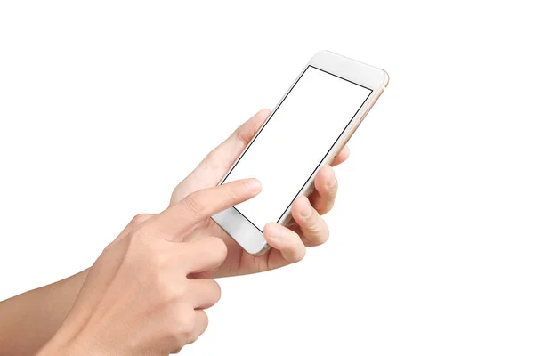 Tangan manusia memegang perangkat smartphone dan menyentuh layar — Stok Foto