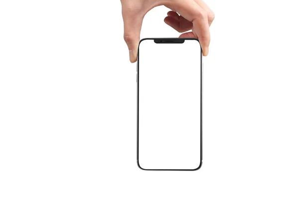 Homem mão segurando dispositivo smartphone e tela tocante — Fotografia de Stock