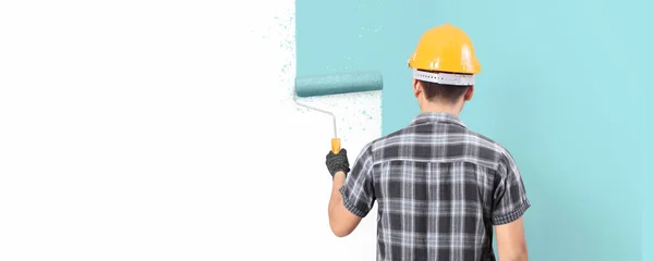 Male Gloves Holding Painting Roller House — Stock Photo, Image