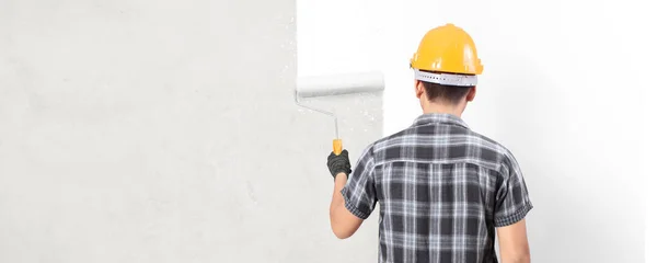 Male Gloves Holding Painting Roller House — Stock Photo, Image