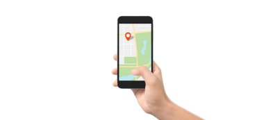 Akıllı telefon aygıtı ve dokunmatik ekran, konumun kırmızı bir simgesi, çevrimiçi navigasyon GPS kavramı