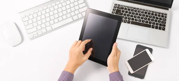 Hands Holding Tablet Touch Computer Gadget Isolated Screen — Stock Photo, Image