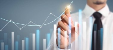 İşadamı, işinde grafik büyümesi ve grafik artışı için olumlu göstergeler planlıyor