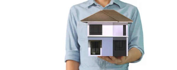 Huismodel Hand Daar Ruimte Huis Huisvesting Vastgoed Concept — Stockfoto