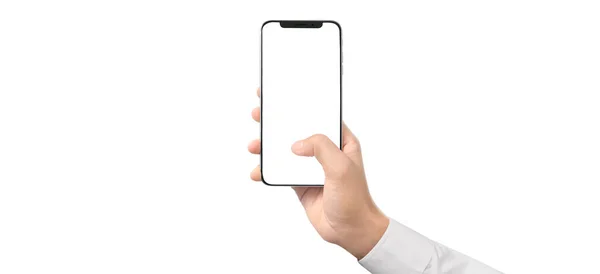 Man Hand Houden Smartphoneapparaat Scherm Aan Raken — Stockfoto