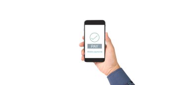 El ele tutuşan akıllı telefon cihazı ve dokunmatik ekran, iş sahibi çalışıyor. Çevrimiçi alışveriş KOBİ girişimcisi. İnternetten al ve sat. Cüzdan uygulamalı mobil ödeme