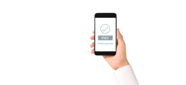 El ele tutuşan akıllı telefon cihazı ve dokunmatik ekran, iş sahibi çalışıyor. Çevrimiçi alışveriş KOBİ girişimcisi. İnternetten al ve sat. Cüzdan uygulamalı mobil ödeme