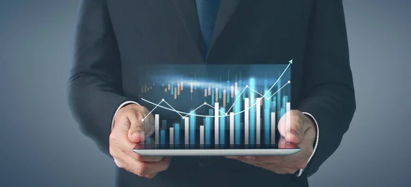 Affärsplan Graftillväxt Och Ökning Diagram Positiva Indikatorer Sin Verksamhet Tablett — Stockfoto