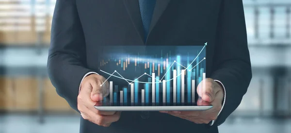 Affärsplan Graftillväxt Och Ökning Diagram Positiva Indikatorer Sin Verksamhet Tablett — Stockfoto