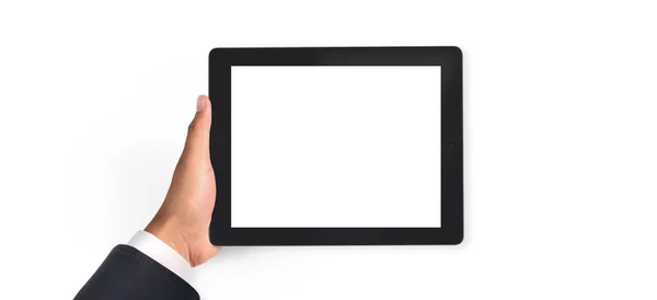 Mãos Segurando Tablet Toque Dispositivo Computador Com Tela Isolada — Fotografia de Stock