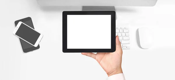 Mani Possesso Gadget Tablet Touch Computer Con Schermo Isolato — Foto Stock