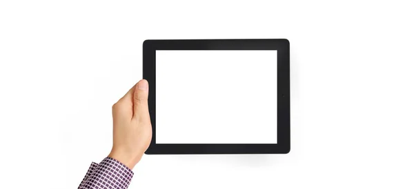 Hände Die Ein Tablet Touchcomputer Gadget Mit Isoliertem Bildschirm Halten — Stockfoto