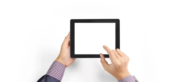 Bir Tablet Tutan Eller Izole Ekran Ile Bilgisayar Aygıtına Dokunur — Stok fotoğraf
