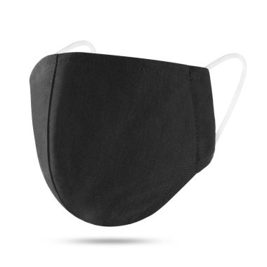 Beyaz arkaplanda boş siyah pamuk yeniden kullanılabilir kumaş maskesi var. Ön manzara. Model için boş cerrahi maske. Şablon ve damgalama için koruyucu yüz maskesini temizle. Stüdyo Fotoğrafçılığı