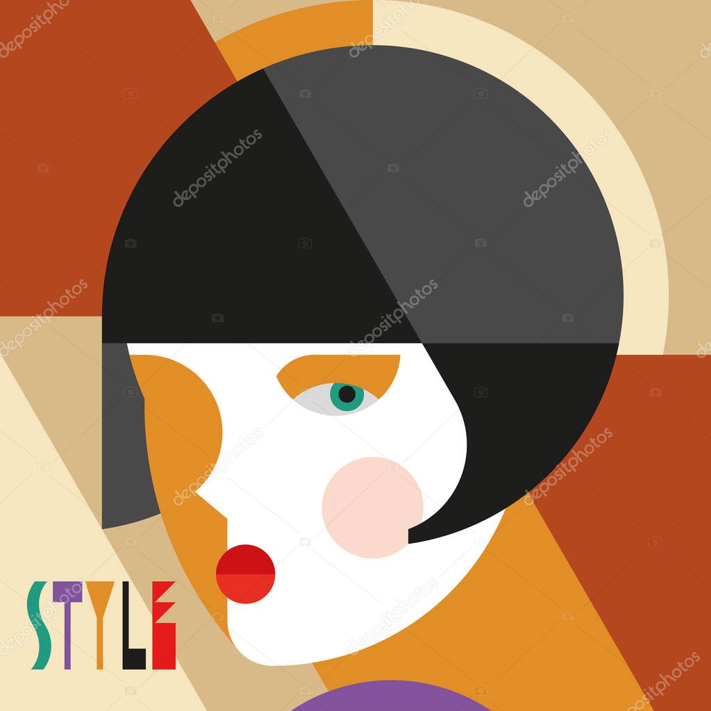 Fashionable stylish woman. Modernist style woman head with stylish headdress. Modernism style art. Geometric shapes art.