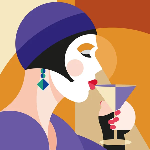 Donna Alla Moda Elegante Bere Vino Donna Stile Modernista Cappello — Vettoriale Stock