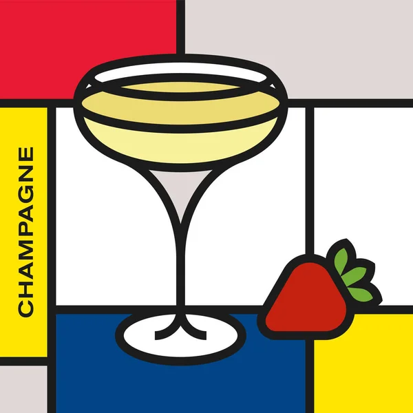 Champagneglas Met Aardbeien Moderne Stijl Kunst Met Rechthoekige Vormen Piet — Stockvector
