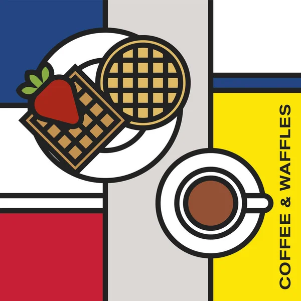 Xícara Café Com Waffles Quadrados Redondos Morango Arte Estilo Moderno — Vetor de Stock