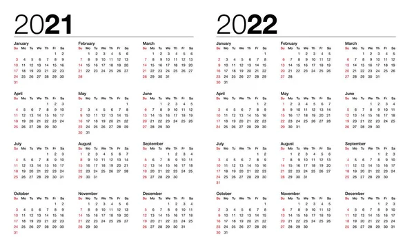 2021年和2022年日历 — 图库矢量图片