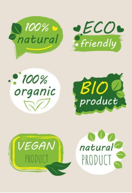 Organik, doğal, sağlıklı gıda, taze ve vejetaryen gıda etiketleri ve amblemleri