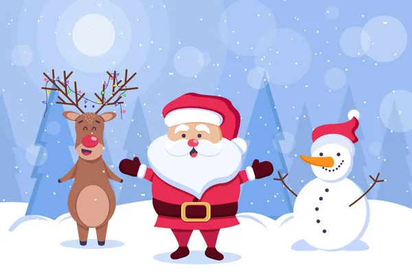Frohe Weihnachten. Hirsche, Weihnachtsmänner und Schneemänner. Rotnase, Schneemann, Weihnachtsmann — Stockvektor