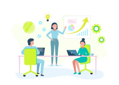 İşçilik konsepti. İş dünyasının vektör illüstrasyonu, ofis çalışması bilgi grafikleri, evrim ölçeği analizi.