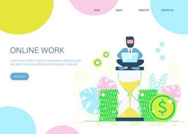 Bir işadamı kum saatine oturur ve para kazanır. Web sitesi için düz bir biçimdeki vektör illüstrasyonu.