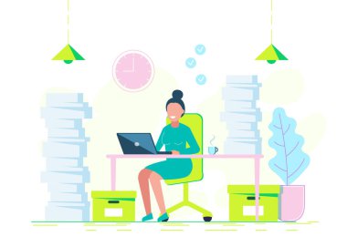 Genç bir kadın dizüstü bilgisayarı ve bir sürü evrakla çok çalışıyor. Vektör iş illüstrasyonu